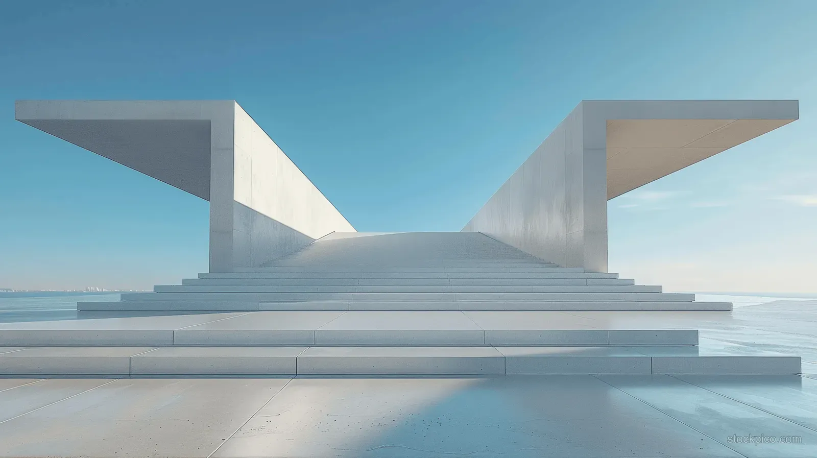 Symmetrical white concrete platform with stepped center and overhanging blocks under a clear blue sky.