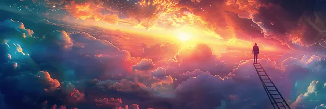 Person climbs a ladder toward a sunrise through storm clouds, determined forward