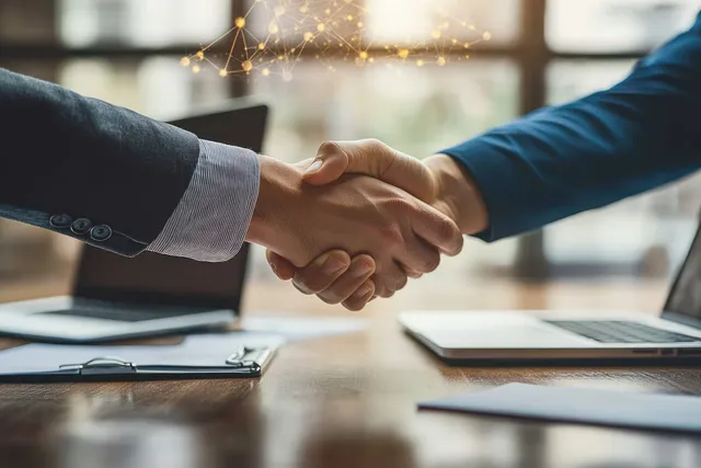 Two professionals shake hands above a wooden desk with laptops and contract documents in an office meeting.