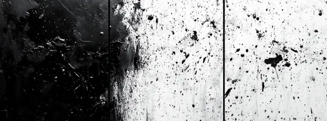 Monochrome abstract cracked paint splatters over a rough black and white textured surface