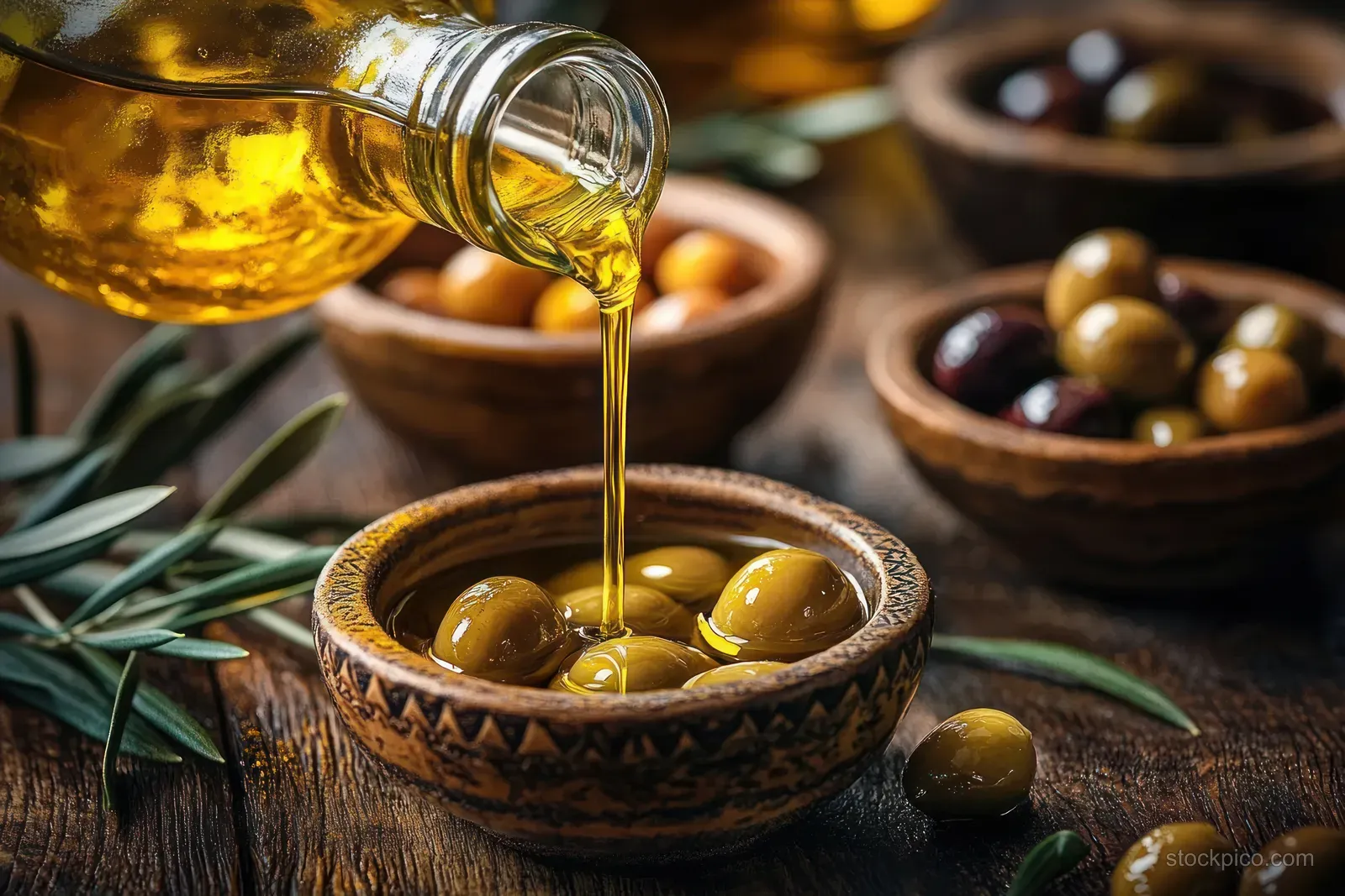 Golden olive oil pours into a rustic bowl holding green olives on a wooden table beside olive branches.