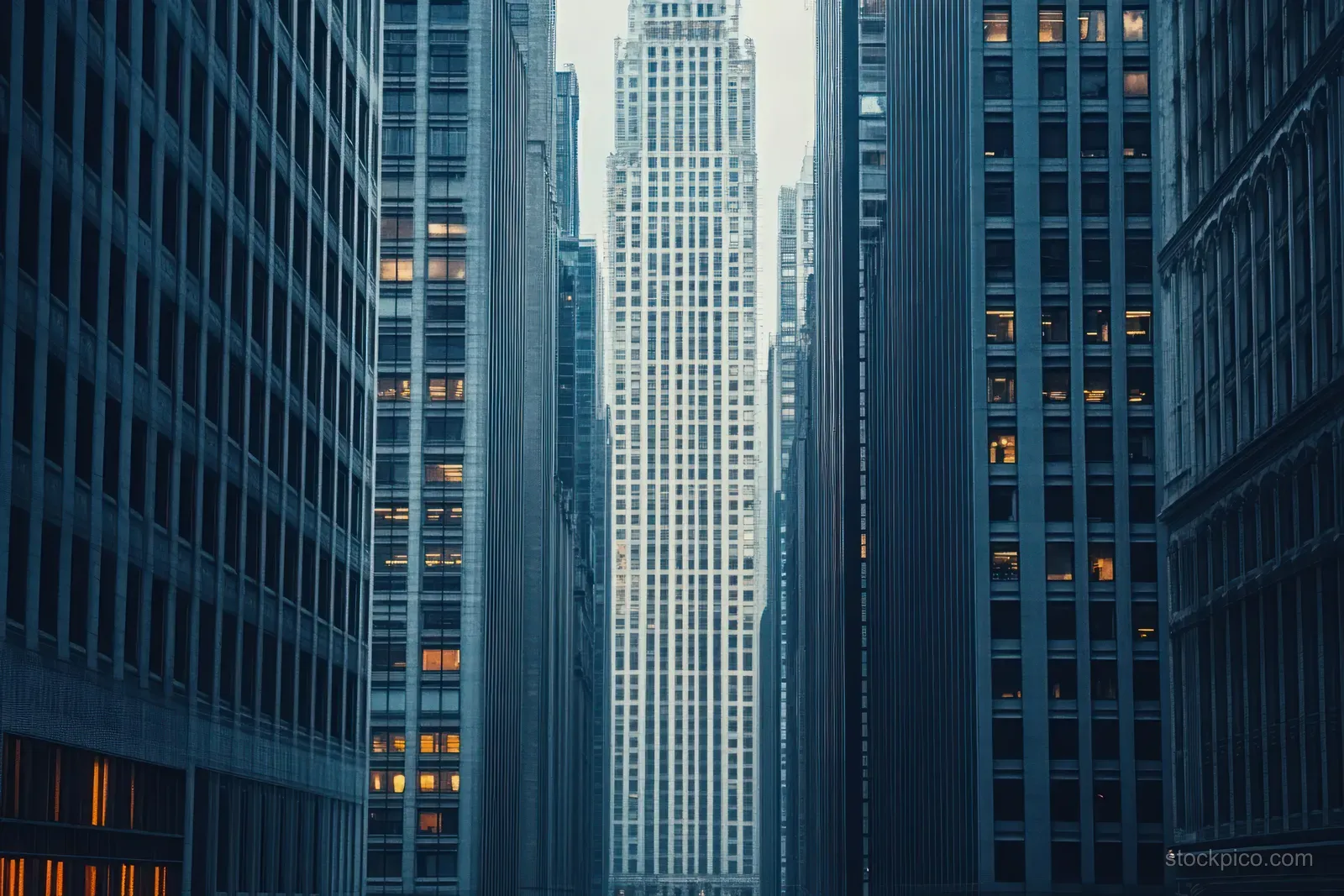Skyscrapers flank a narrow city street with glowing office windows during evening twilight.