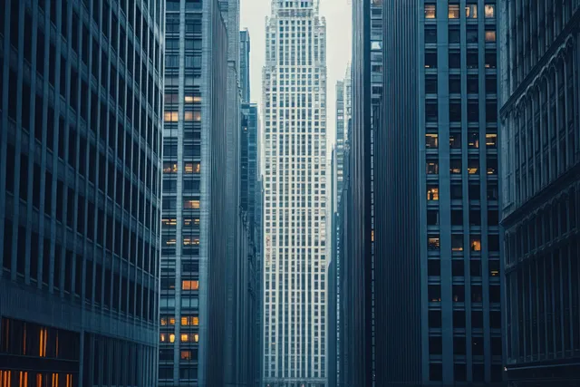 Skyscrapers flank a narrow city street with glowing office windows during evening twilight.