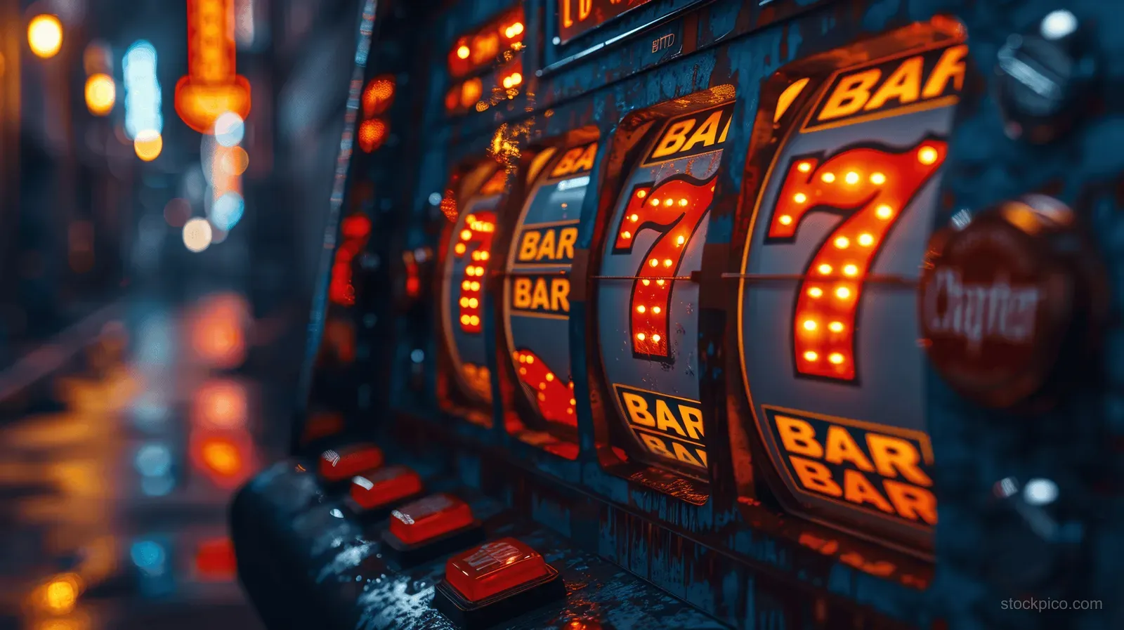 Close-up of a casino slot machine display glowing with BAR symbols and orange neon lights.