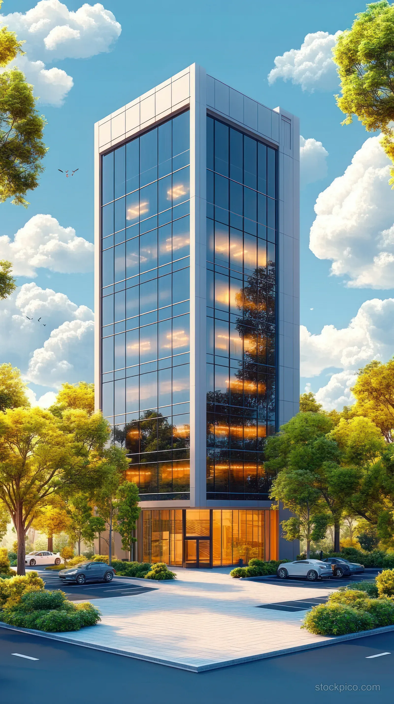 A glass office tower stands behind a landscaped parking area with cars, trees, and a bright blue cloudy sky.