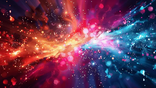 Vibrant color explosion with glitter bokeh lights, swirling rays, and sparkling particles