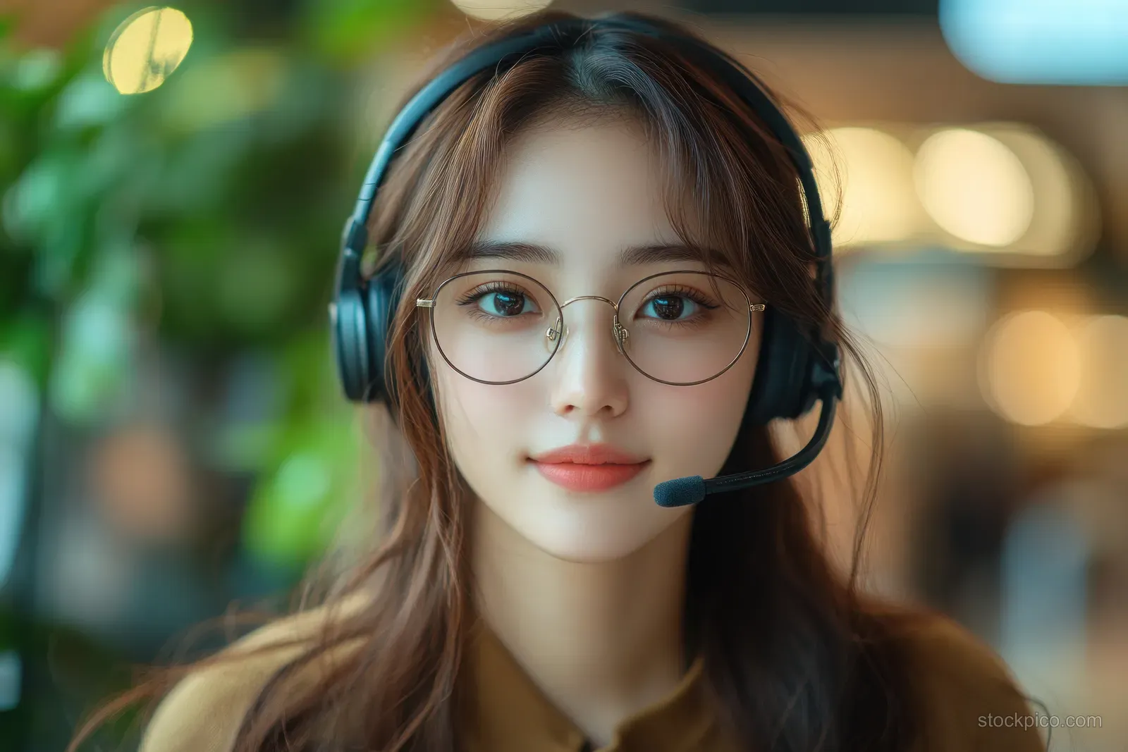 Woman wearing a headset with a microphone speaks during a video call while the background shows warm bokeh and greenery.