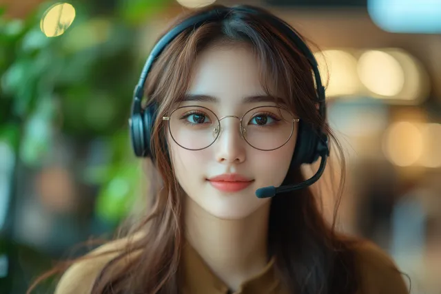 Woman in headset speaking on video call, softly blurred home office background with warm bokeh