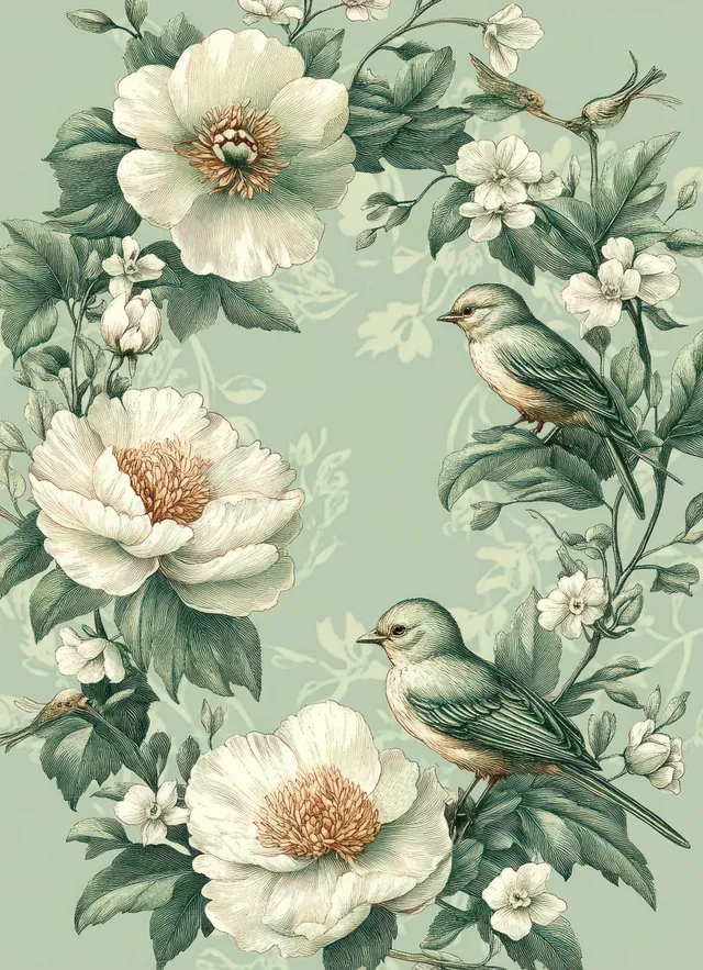White peony flowers and green leaves surround two small birds perched on branches against a muted green background.