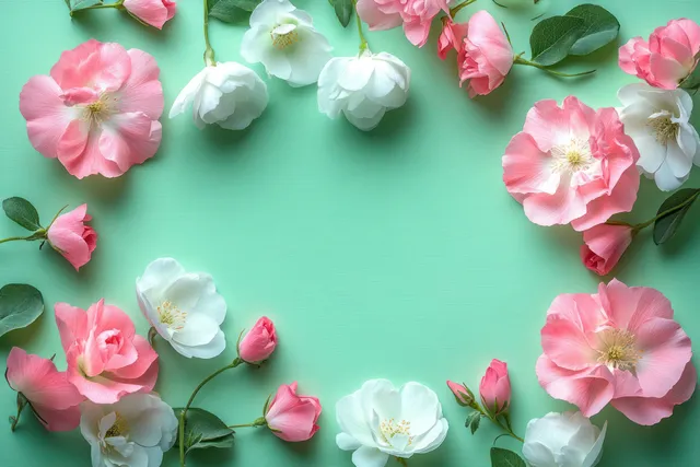 粉白花朵与绿色叶片散落在浅绿色背景上。