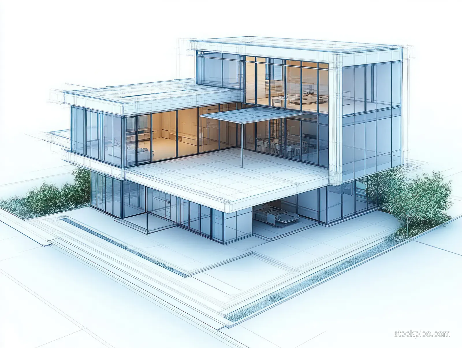 Three-story glass house architectural model with terraces and large windows, surrounded by green trees and shrubs.