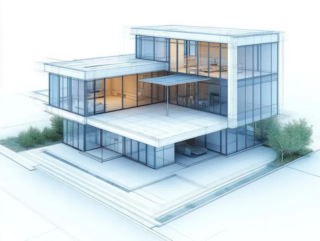 Three-story glass house architectural model with terraces and large windows, surrounded by green trees and shrubs.