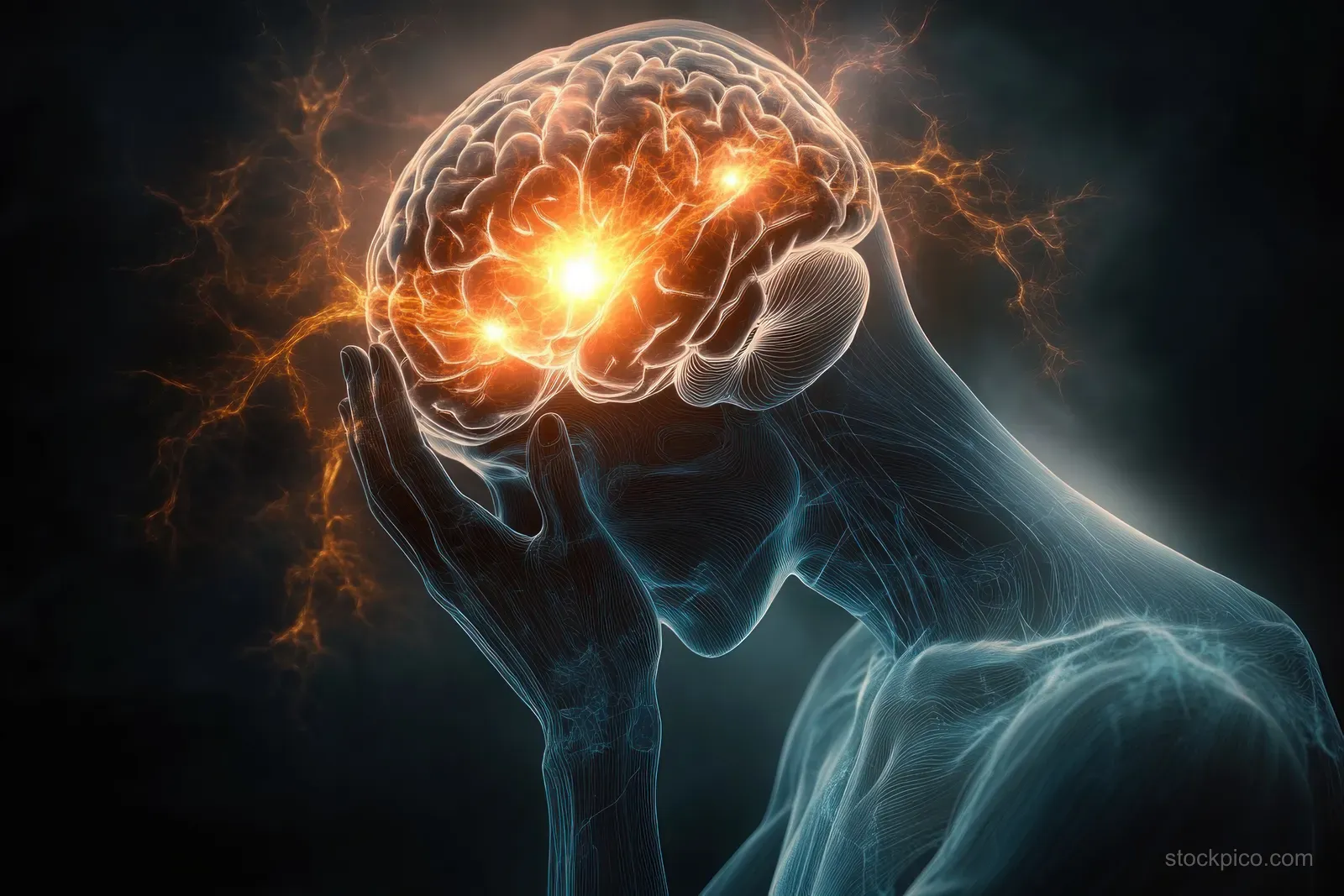 Dark head silhouette with a glowing brain core surrounded by crackling electric energy lines.