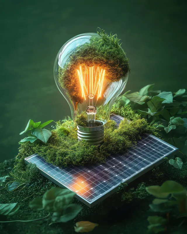 Glowing vintage light bulb covered in moss resting on a solar panel with leafy greenery