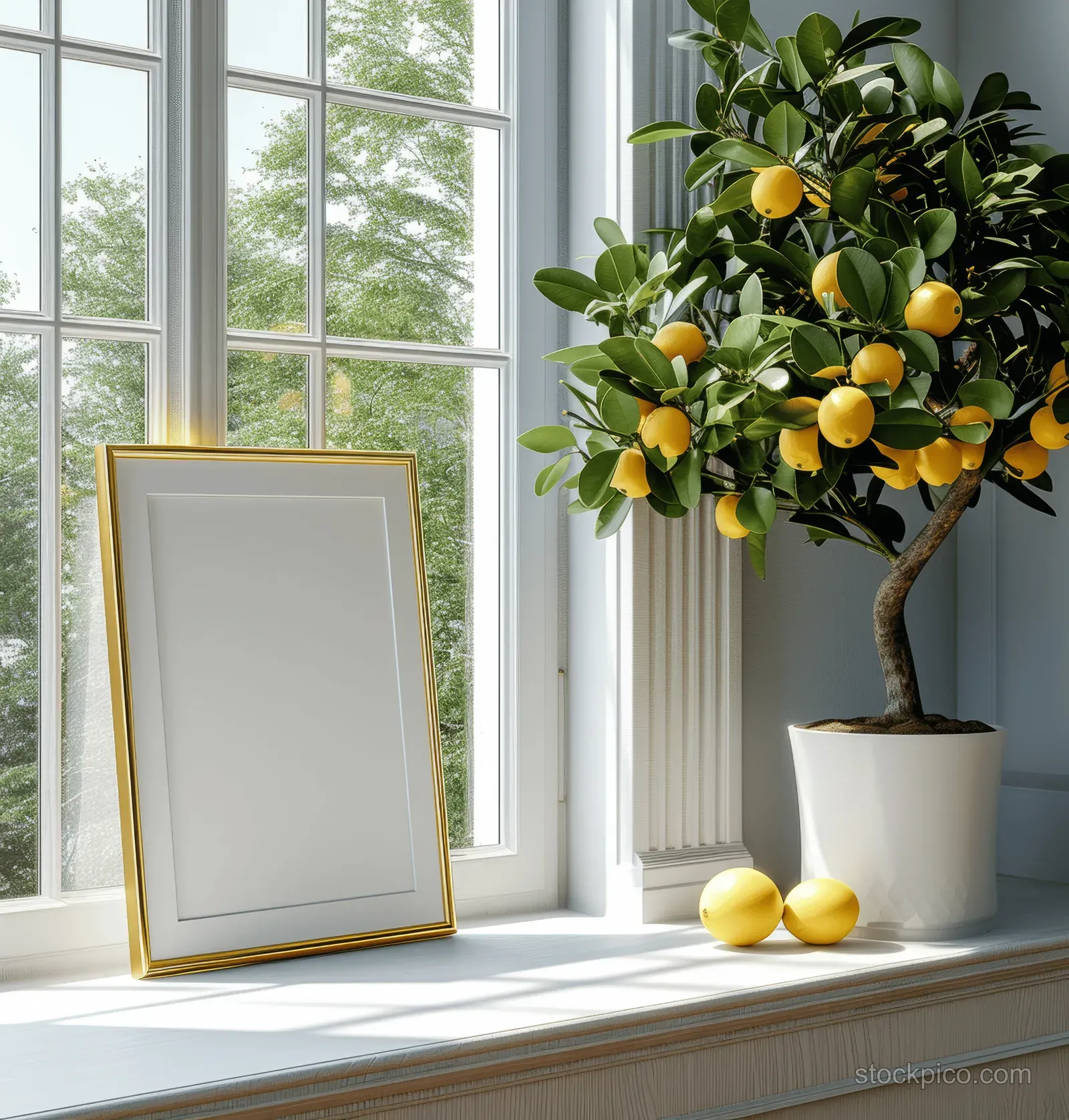 Gold-edged photo frame mockup on a bright window sill beside a potted lemon tree with yellow lemons.