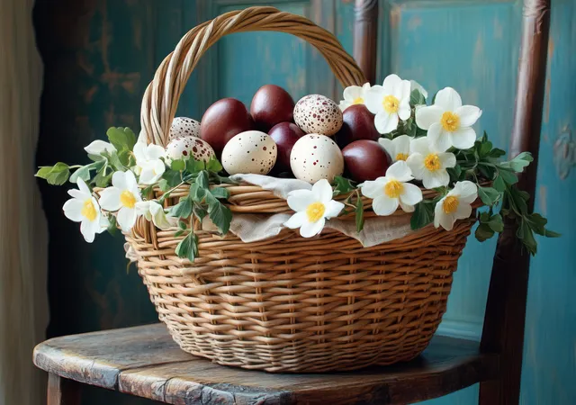 A wicker basket filled with eggs and white flowers sits on a rustic wooden chair.