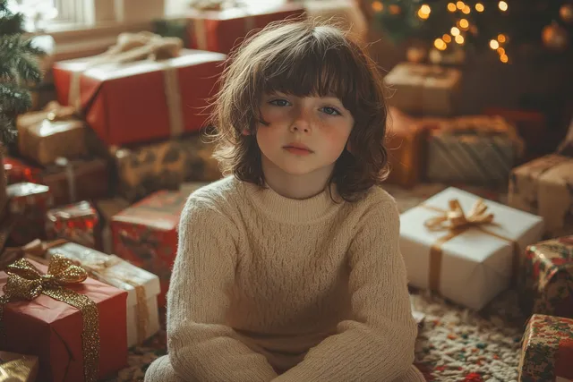 A young boy sits on a rug surrounded by wrapped Christmas gifts beside a lit tree.