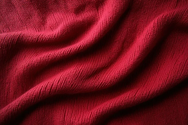 Close-up of red knitted fabric with visible yarn texture and soft folds creating highlights and shadows.