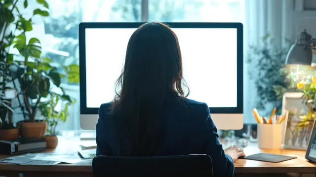 A woman with long hair works at a desktop computer in a home office with plants and daylight from a window.