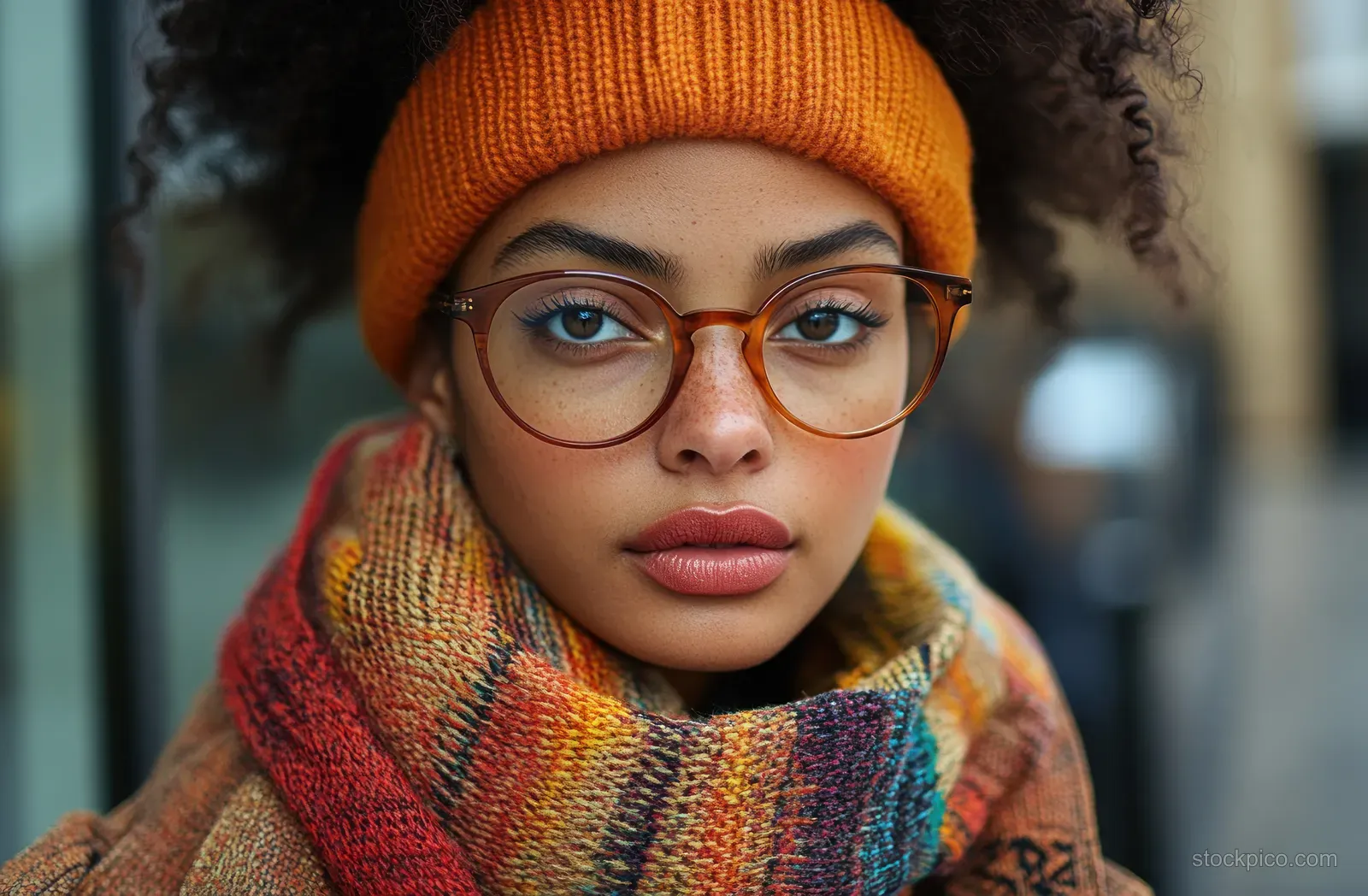 A mid adult woman wearing glasses, a knit beanie, and a colorful scarf looks toward the camera outdoors.