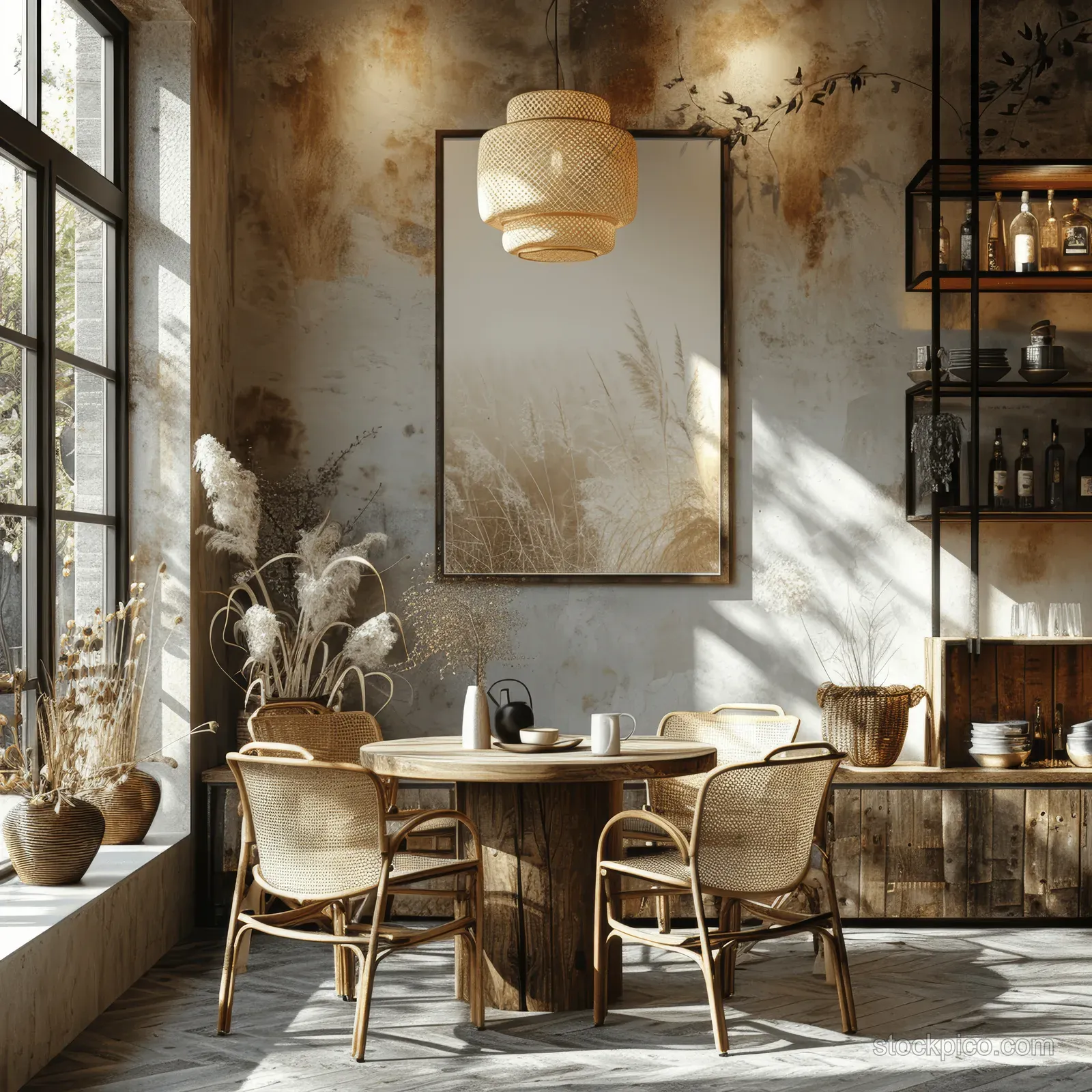 Round wooden dining table and chairs in a Scandinavian room with a mockup poster frame on a beige wall.