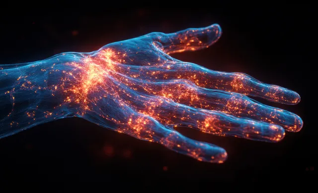 Digital wrist pain visualization with glowing x-ray hand over a dark background.
