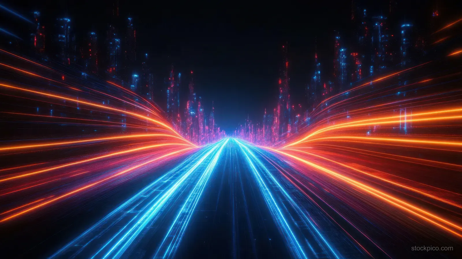 Neon cyberpunk streets with orange and blue light trails converge toward a distant futuristic skyline at night.