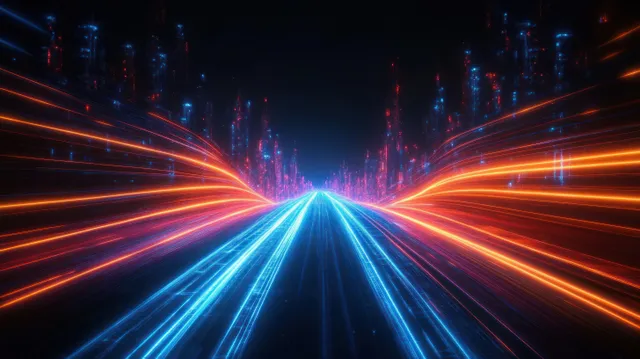 Neon cyberpunk streets with orange and blue light trails converge toward a distant futuristic skyline at night.