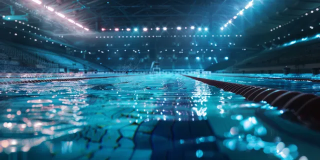 Men’s 4x100m freestyle relay at Olympic pool, swimmers poised at the blocks before start