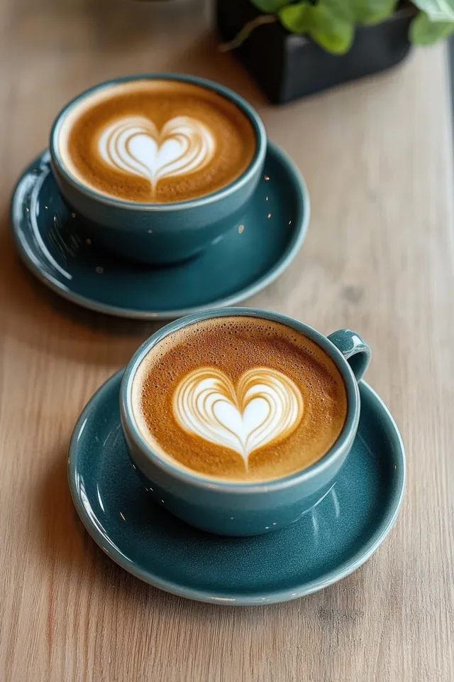 Two latte cups with heart foam art on teal saucers over a wooden table