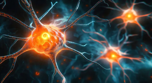 Glowing neuron cell bodies and branching dendrites transmit signal pulses across a dark neural network background.