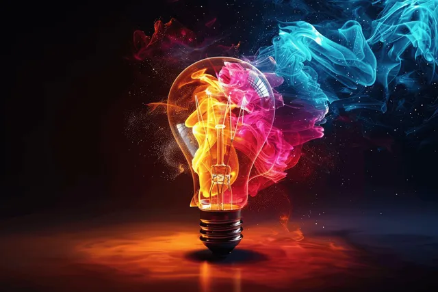Light bulb exploding into colorful ink flames on dark reflective studio background