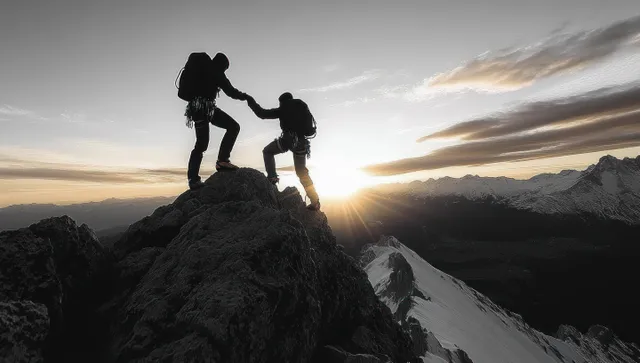 Silhouetted climbers help each other climb a rocky snowy peak at sunset with dramatic clouds behind them.