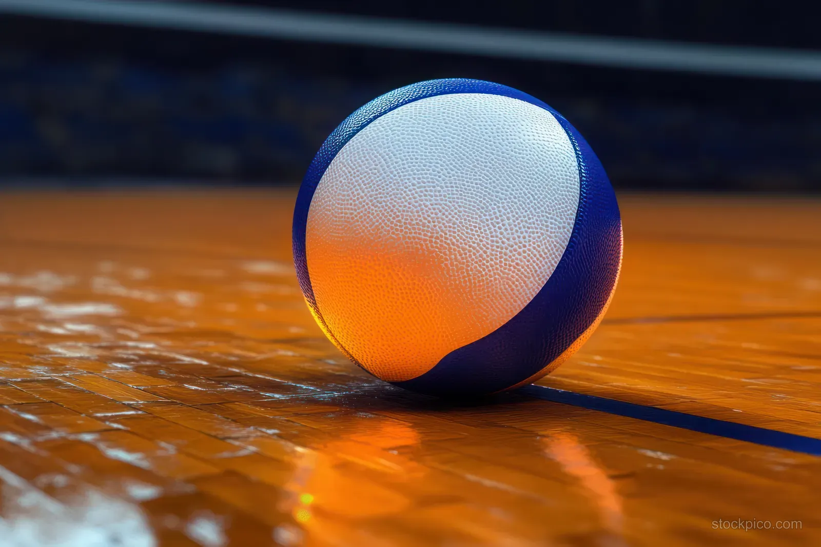 A blue-and-white volleyball resting on a glossy indoor wooden court floor with warm reflections.