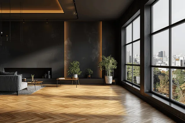 Modern living room with floor-to-ceiling windows and city skyline view, warm wood flooring