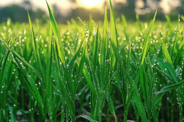 Close-up of green grass blades covered with sparkling morning dew in soft sunrise light.