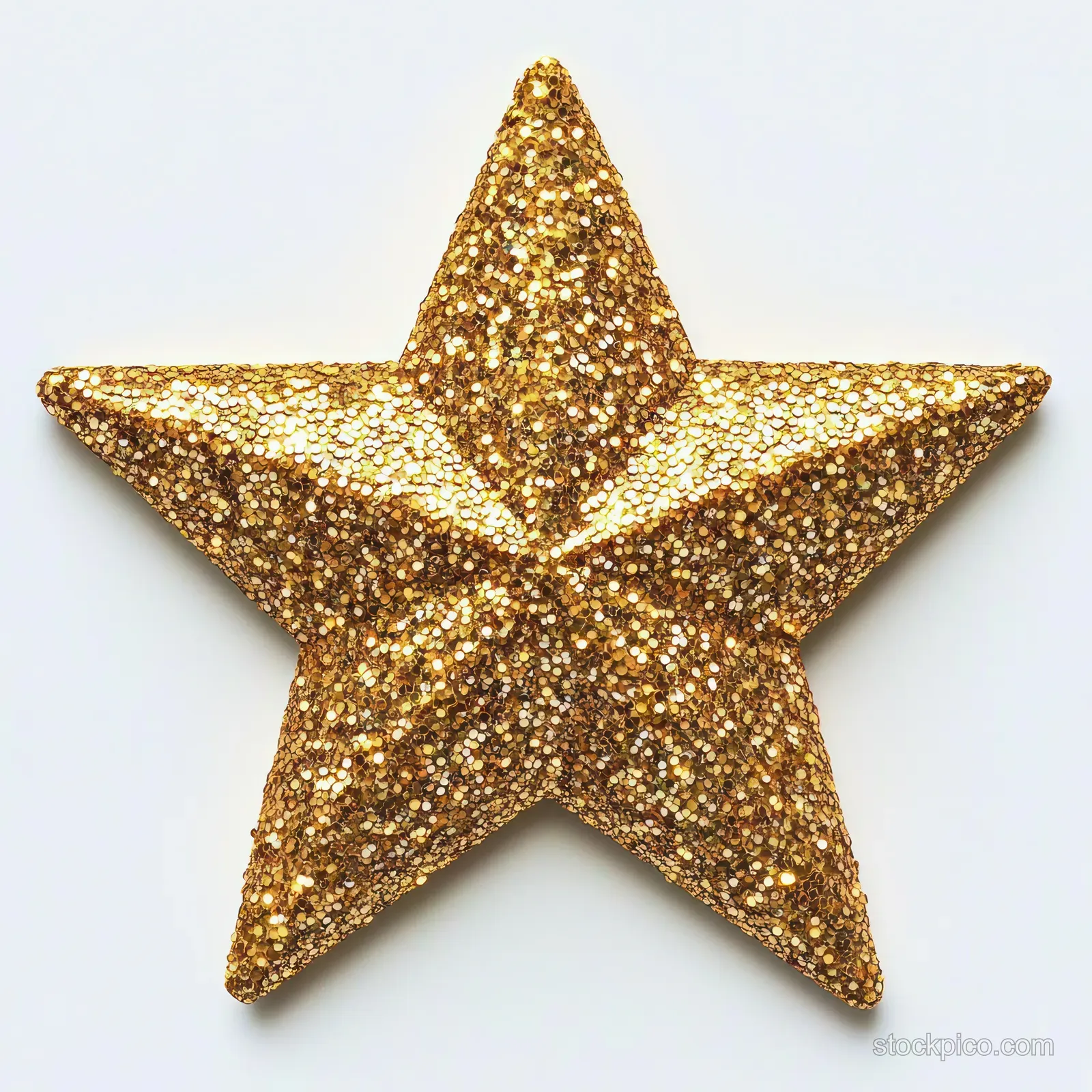 Golden glitter five-point star decoration with sparkling texture on a white background.