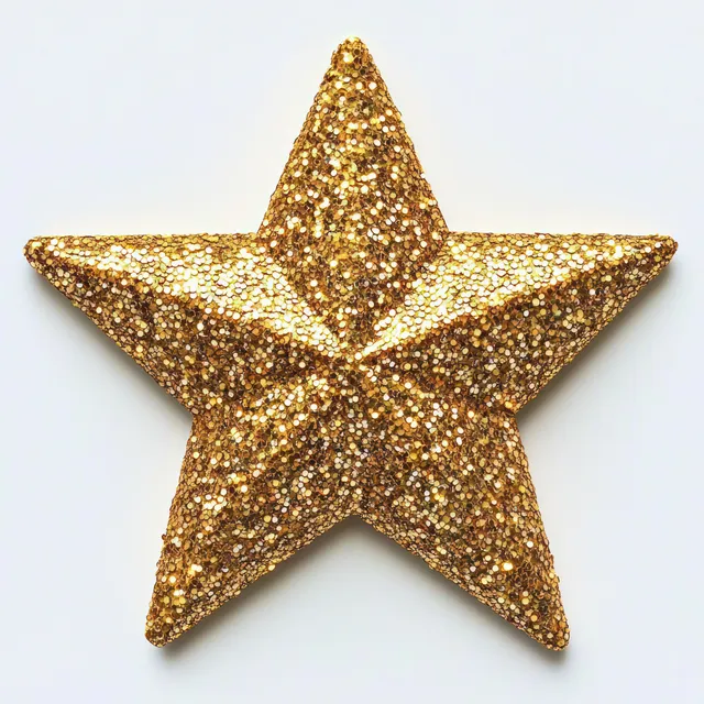 Golden glitter five-point star decoration with sparkling texture on a white background.