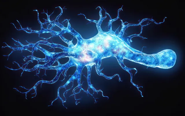 Glowing blue neuron with branching dendrites and axon projections floating on a dark background.