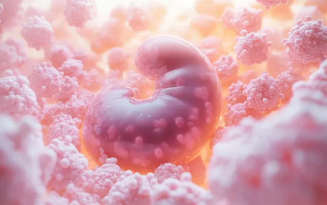 A glowing stomach-like sphere sits in a cloud of pink cells with soft pastel lighting.