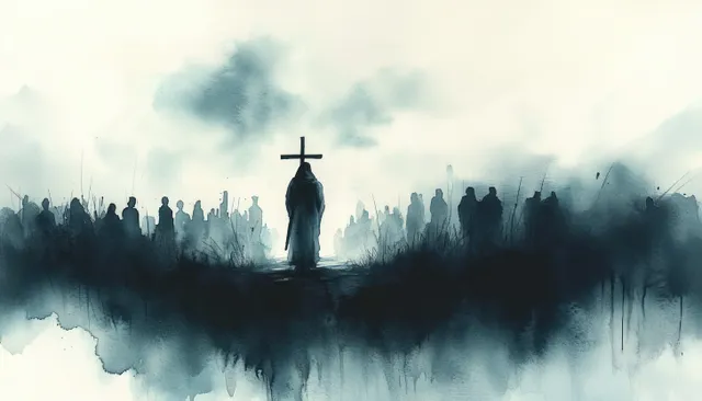 Solitary silhouetted figure bearing a cross in misty city ruin, watercolor atmosphere