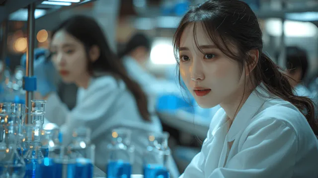 Asian woman in a lab coat works beside glass flasks filled with blue liquid under bright natural laboratory light.