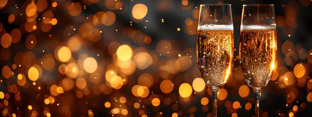 Dos copas de champán chocan con luces doradas brillantes y desenfocadas sobre un fondo oscuro de fiesta de Año Nuevo.