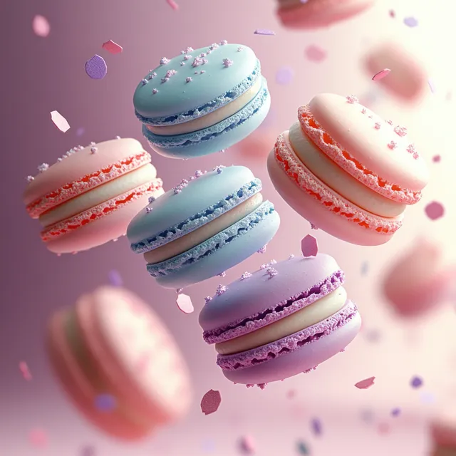 Pastel macarons in pink, blue, and lavender float among confetti on a soft blurred pink background.