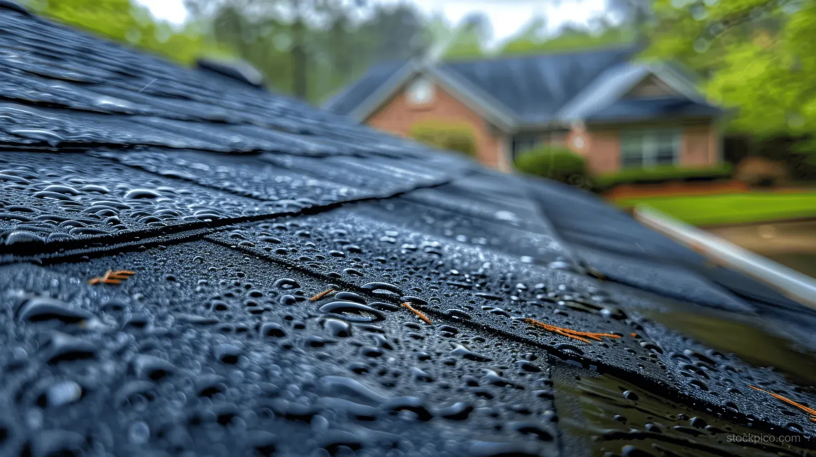 Asphalt shingle roof close-up with hail dents and raindrops across the damaged surface.