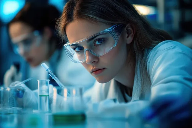A focused female scientist pipettes liquid samples beside test tubes in a laboratory, with another scientist blurred behind.