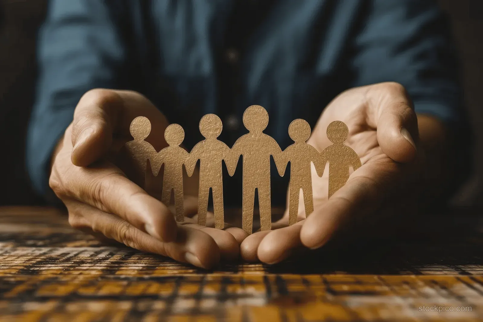 Businessman holds paper family cutouts between his cupped hands on a wooden table.