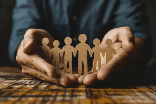 Businessman shielding paper family figures on a wooden table