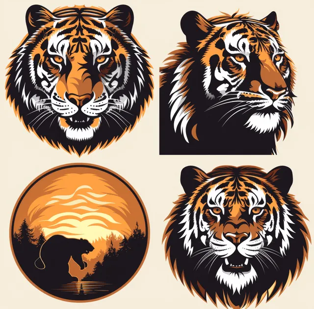 Fierce tiger head and full-body tiger logos shown as circular sunset emblems on a dark background.