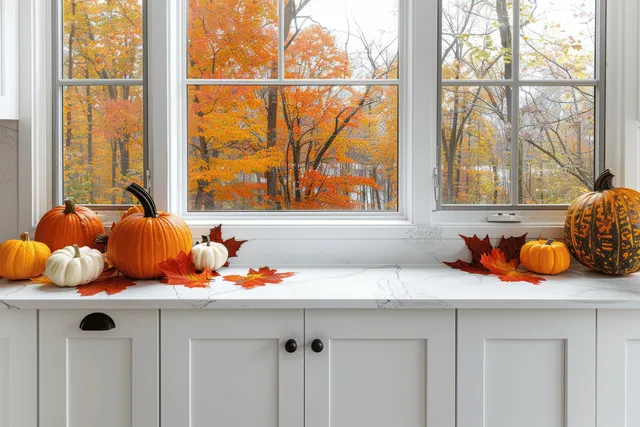 Pumpkins and autumn leaves sit on a white kitchen counter beneath a window showing orange fall trees.
